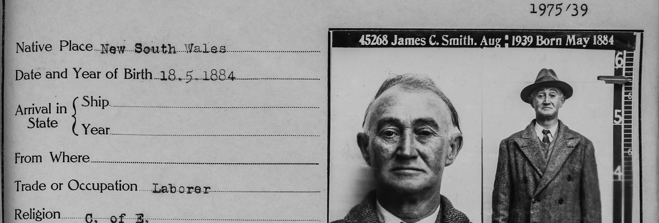 Black and white image, mugshot and police record